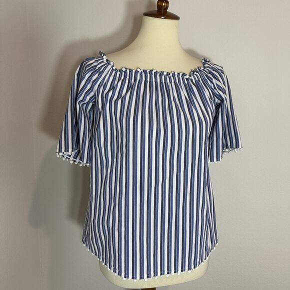 Trina Turk Small Top Sleeveless Blouse Blue Striped Preppy Coastal Poms Coastal - Picture 7 of 12